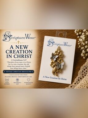 NWT ScriptureWear A New Creation in Christ Butterfly Floral Christian Brooch Pin